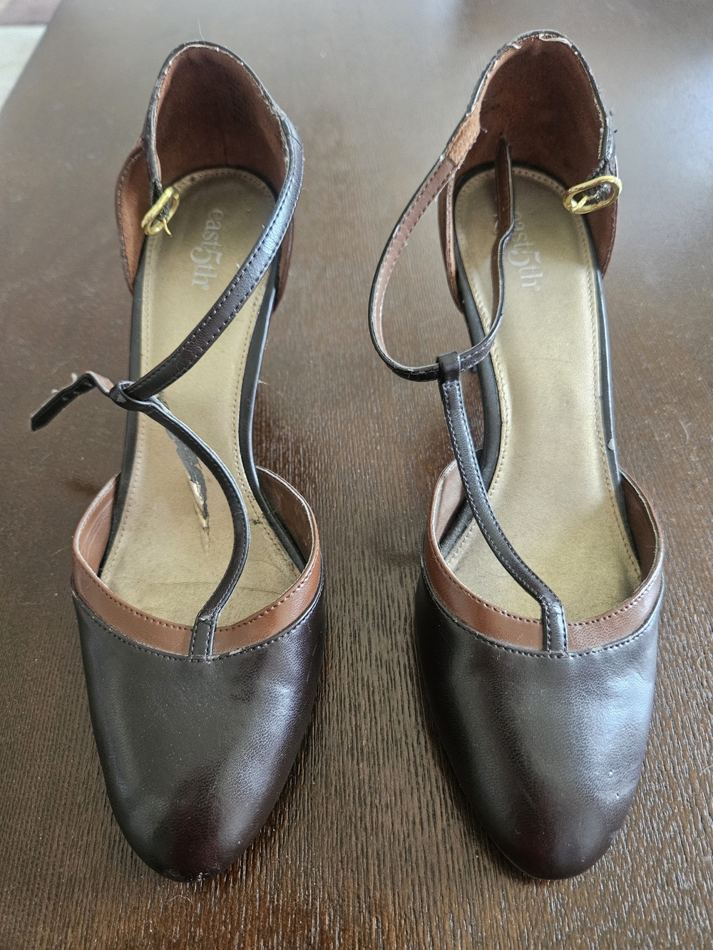 East 5th Two-Tone Brown T-Strap Pumps with Gold Buckles, Size 8 1/2 M